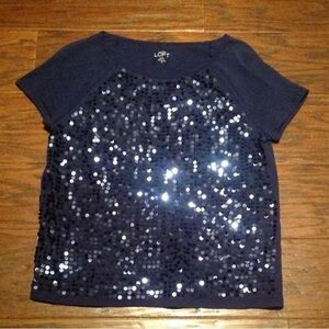 LOFT Navy Sequin Short Sleeve Top